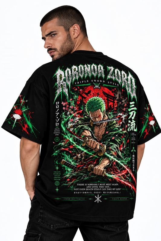 Roronoa Zoro Three-Sword One Piece Printed Tee | Drop-Shoulder Graphic Oversized T-Shirt