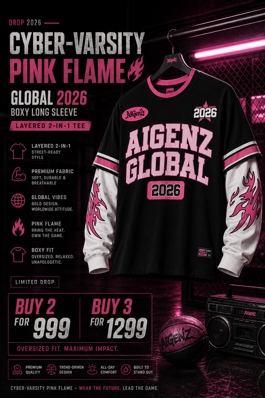 AIGenz: Global 2026 Cyber-Varsity Pink Flame Layered 2-in-1 Boxy Long Sleeve T-shirt