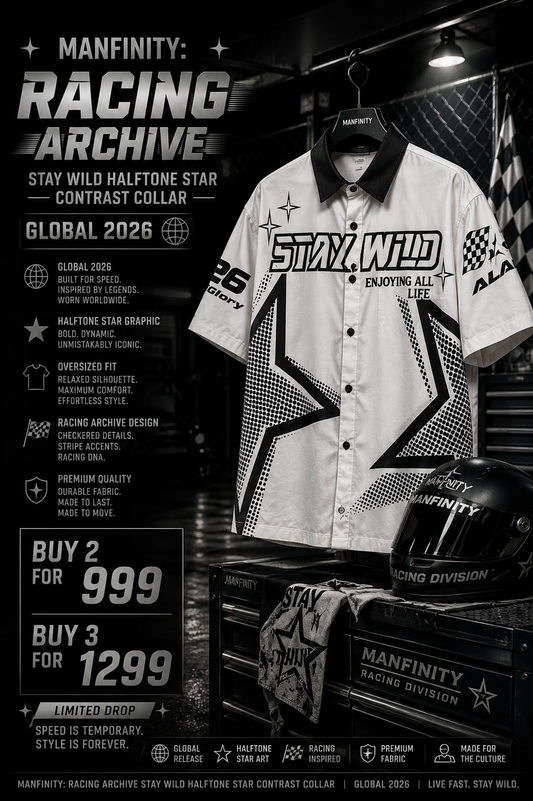Manfinity: Racing Archive Stay Wild Halftone Star Contrast Collar Oversized Short Sleeve Shirt