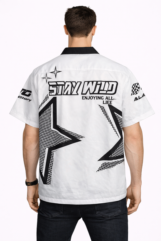 Manfinity: Racing Archive Stay Wild Halftone Star Contrast Collar Oversized Short Sleeve Shirt