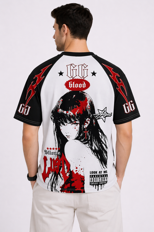 GG: Crimson Silence Anime-Graphic Blood-Splat Raglan Streetwear T-shirt
