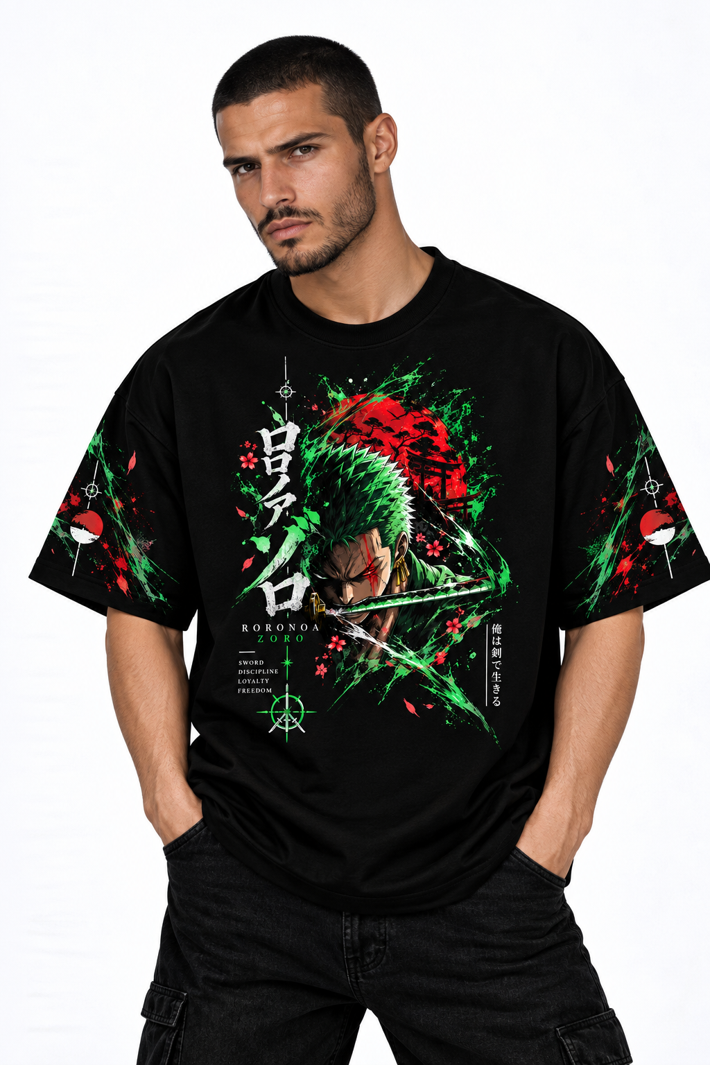 Roronoa Zoro Three-Sword One Piece Printed Tee | Drop-Shoulder Graphic Oversized T-Shirt