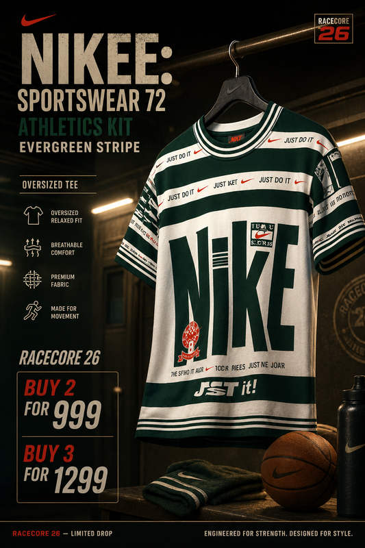 Nikee: Sportswear 72 Athletics Kit Evergreen Stripe Typography Oversized T-shirt