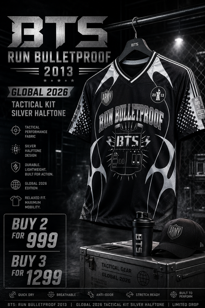 BTS: Run Bulletproof 2013 Tactical Kit Silver Halftone Typography Oversized Mesh Jersey