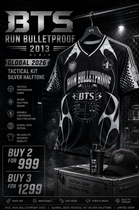 BTS: Run Bulletproof 2013 Tactical Kit Silver Halftone Typography Oversized Mesh Jersey