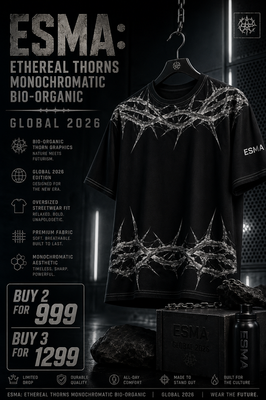ESMA: Ethereal Thorns Monochromatic Bio-Organic Oversized Streetwear T-shirt
