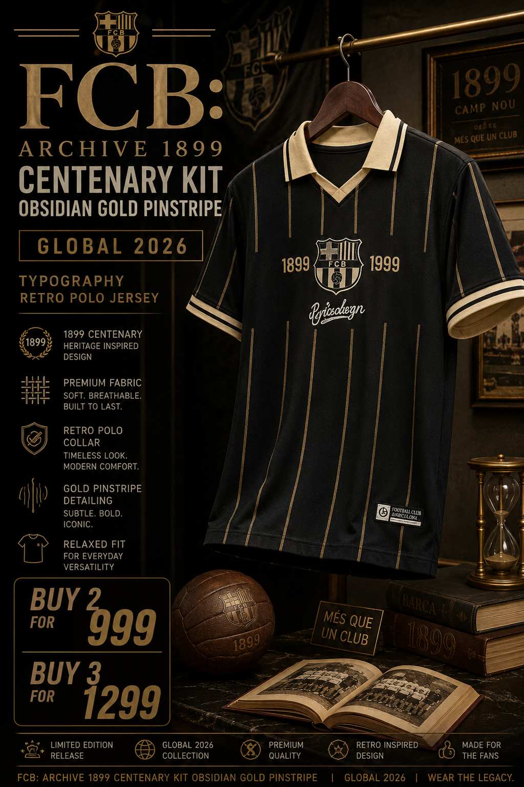 FCB: Archive 1899 Centenary Kit Obsidian Gold Pinstripe Typography Retro Polo Jersey