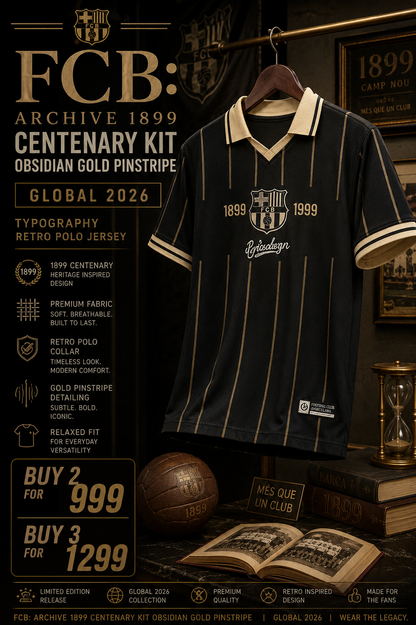 FCB: Archive 1899 Centenary Kit Obsidian Gold Pinstripe Typography Retro Polo Jersey