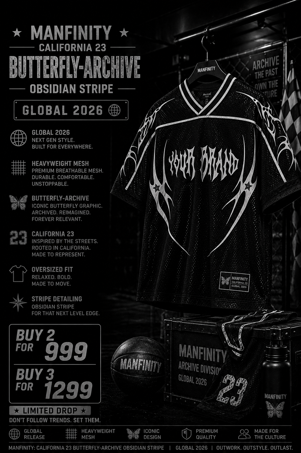 Manfinity: California 23 Butterfly-Archive Obsidian Crimson Stripe Heavyweight Mesh Jersey