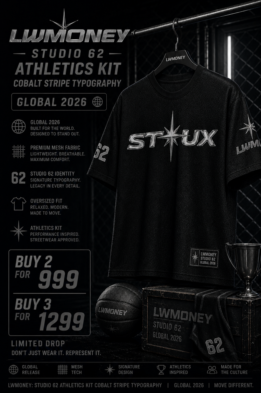 Lwmoney: Studio 62 Athletics Kit Cobalt Stripe Typography Oversized Mesh Jersey