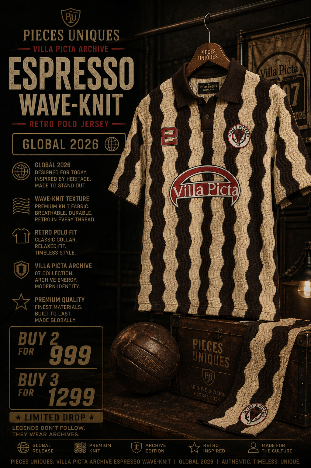 Pieces Uniques: Villa Picta Archive Espresso Wave-Knit Retro Polo Jersey