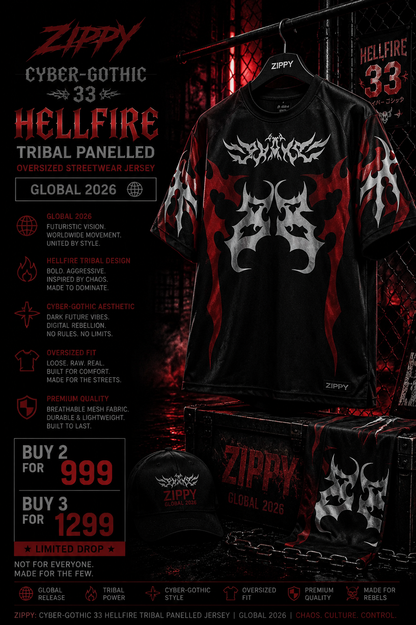 Zippy: Cyber-Gothic 33 Hellfire Tribal Panelled Oversized Streetwear Jersey