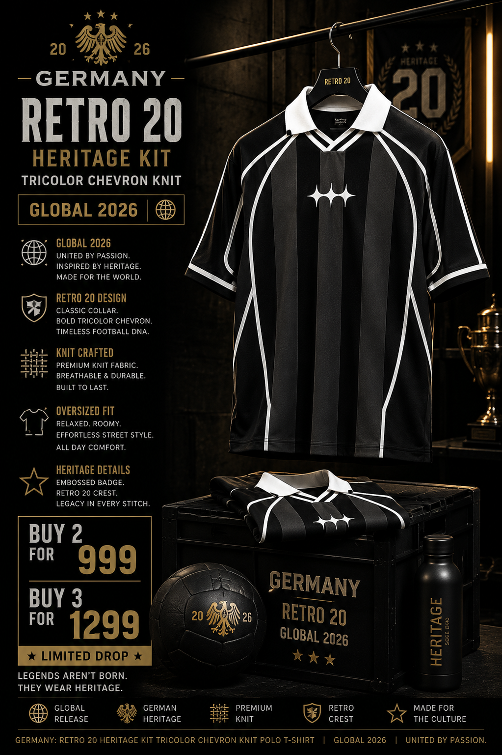 Germany: Retro 20 Heritage Kit Tricolor Chevron Knit Oversized Polo T-shirt