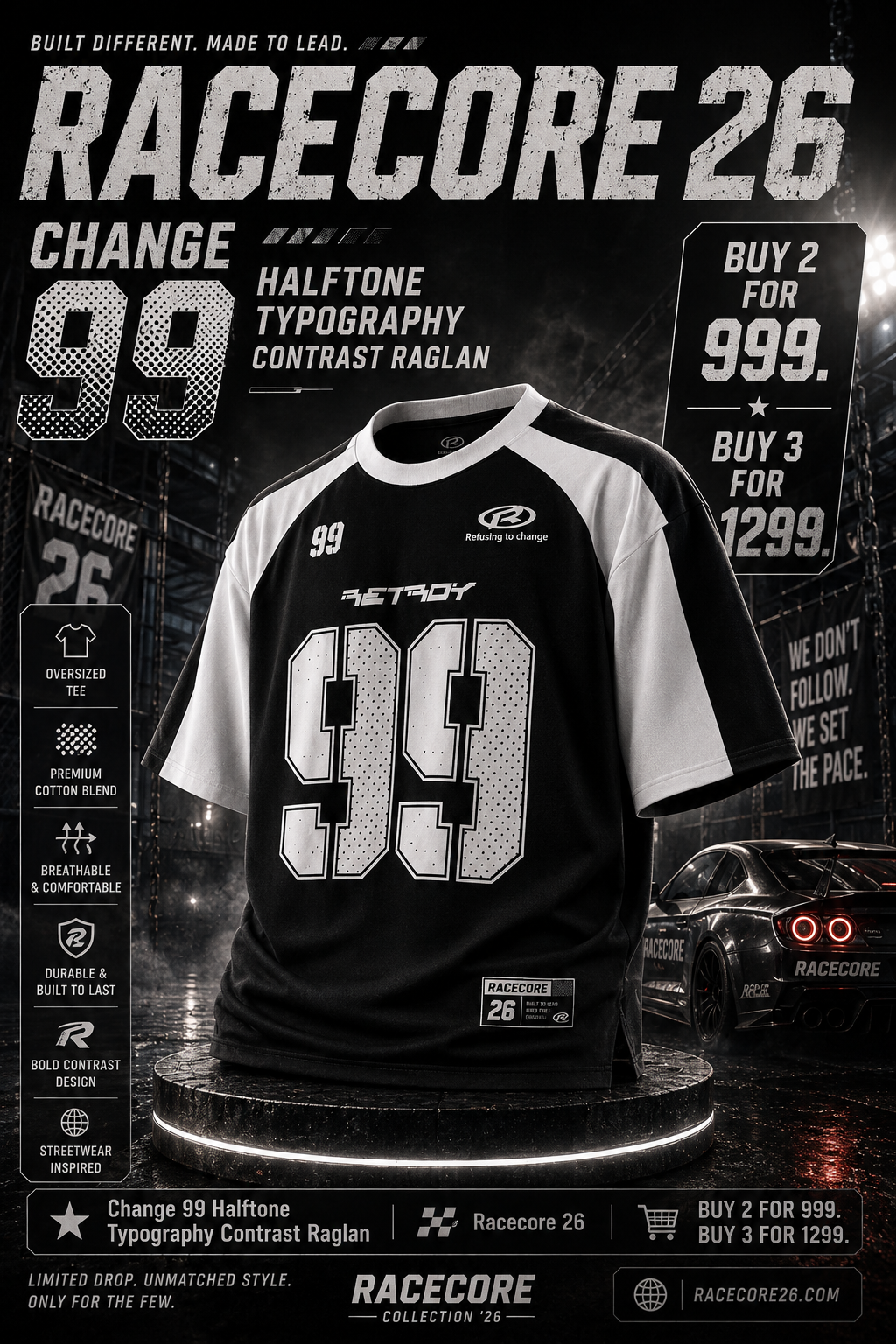 Retroy: Refusing To Change 99 Halftone Typography Contrast Raglan Oversized T-shirt