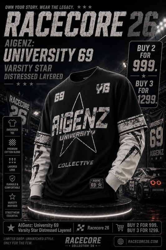 AIGenz: University 69 Varsity Star Distressed Layered 2-in-1 Boxy Long Sleeve T-shirt