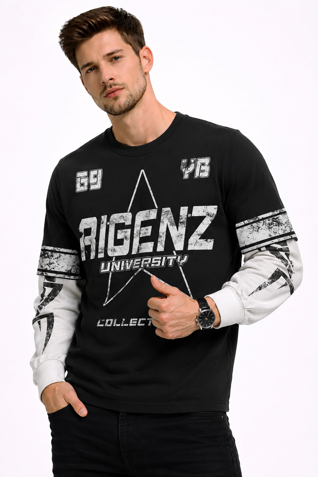 AIGenz: University 69 Varsity Star Distressed Layered 2-in-1 Boxy Long Sleeve T-shirt
