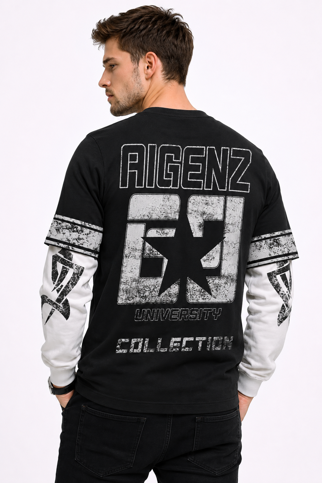 AIGenz: University 69 Varsity Star Distressed Layered 2-in-1 Boxy Long Sleeve T-shirt