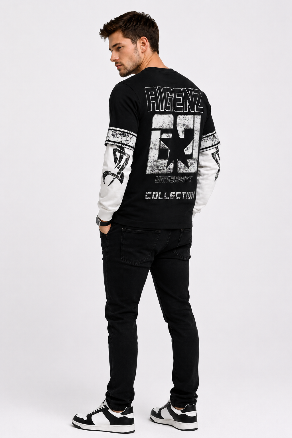 AIGenz: University 69 Varsity Star Distressed Layered 2-in-1 Boxy Long Sleeve T-shirt