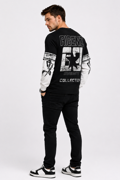 AIGenz: University 69 Varsity Star Distressed Layered 2-in-1 Boxy Long Sleeve T-shirt