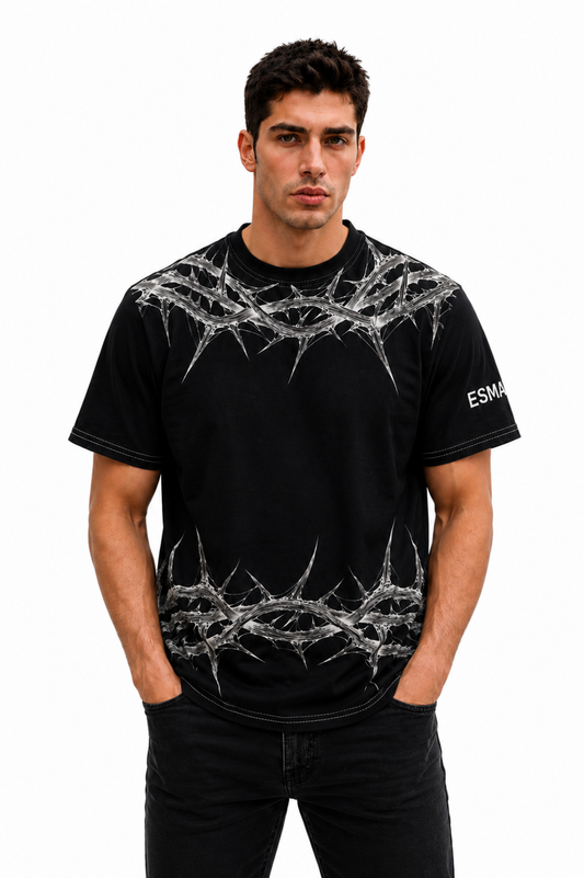ESMA: Ethereal Thorns Monochromatic Bio-Organic Oversized Streetwear T-shirt
