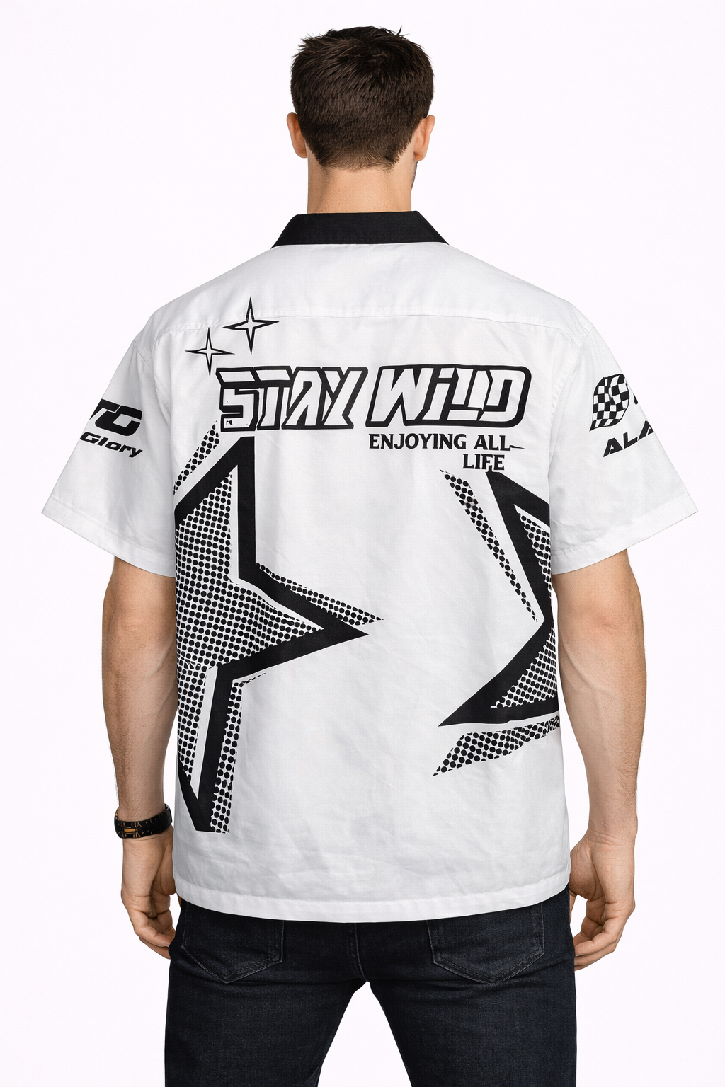 Manfinity: Racing Archive Stay Wild Halftone Star Contrast Collar Oversized Short Sleeve Shirt