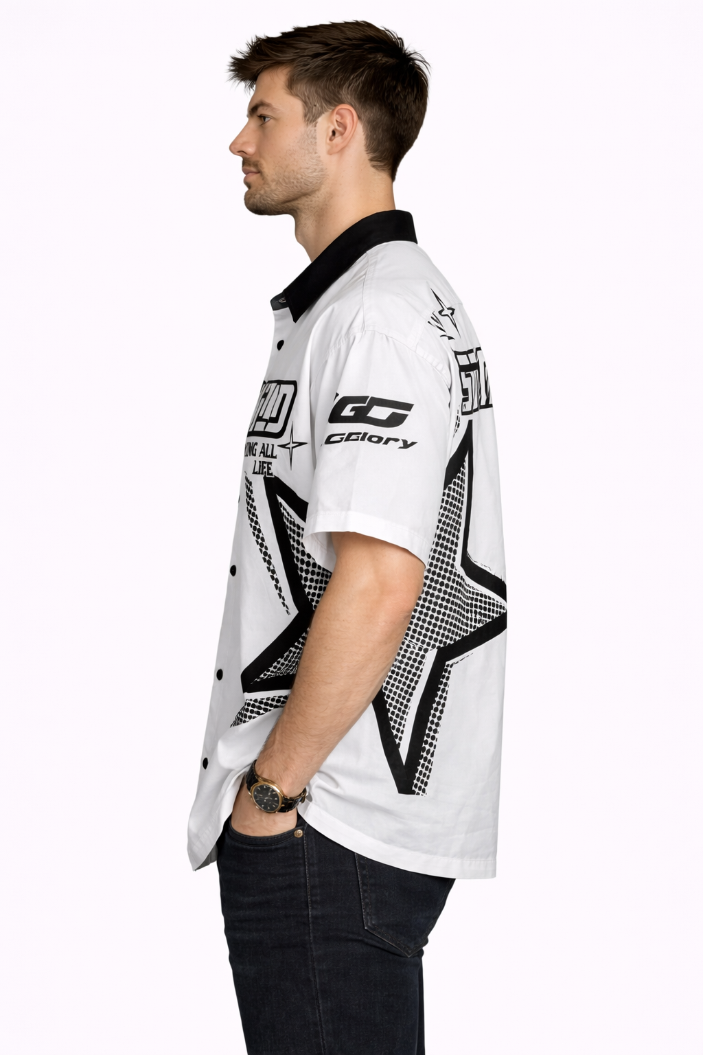 Manfinity: Racing Archive Stay Wild Halftone Star Contrast Collar Oversized Short Sleeve Shirt