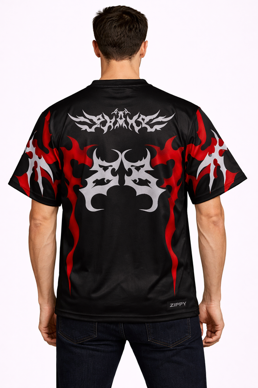 Zippy: Cyber-Gothic 33 Hellfire Tribal Panelled Oversized Streetwear Jersey