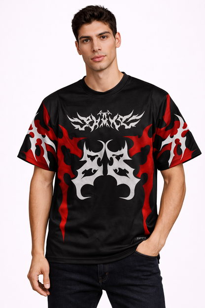 Zippy: Cyber-Gothic 33 Hellfire Tribal Panelled Oversized Streetwear Jersey