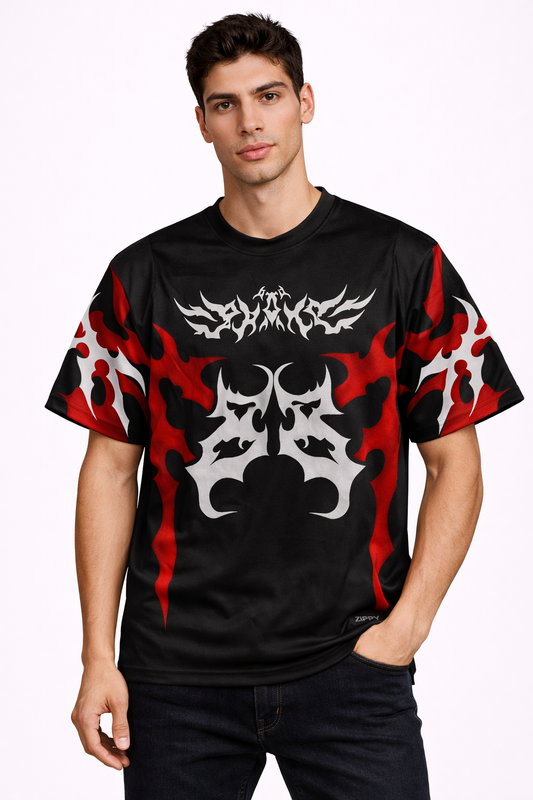 Zippy: Cyber-Gothic 33 Hellfire Tribal Panelled Oversized Streetwear Jersey