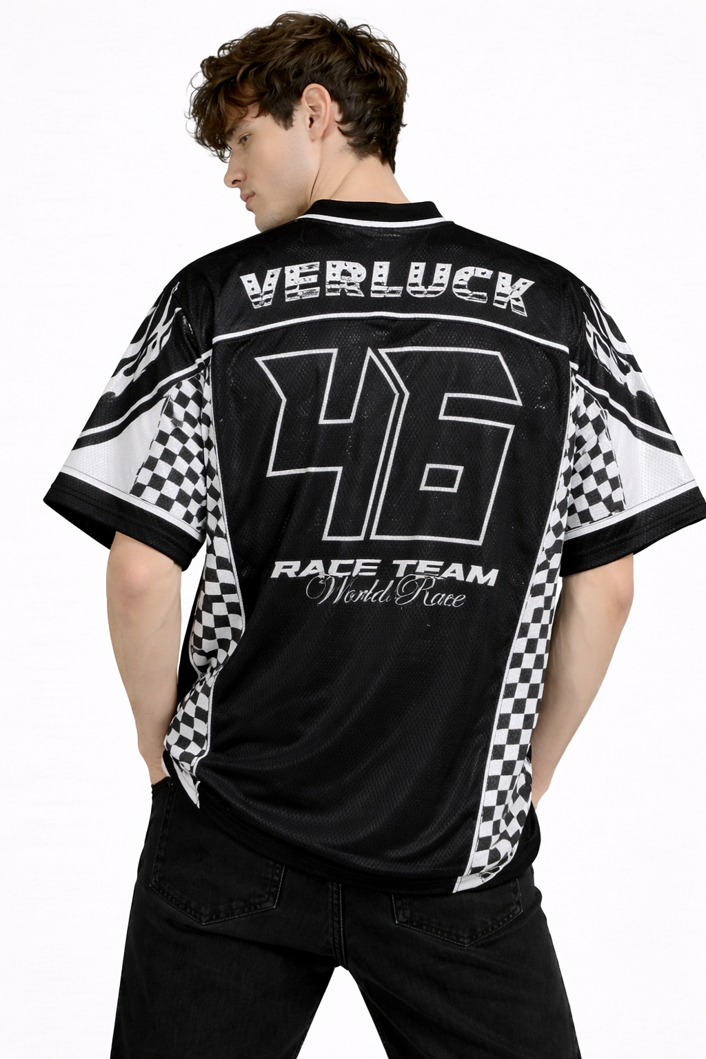 Verluck: Race Team 46 Grand Prix Kit Monochrome Flame Graphic Oversized T-shirt