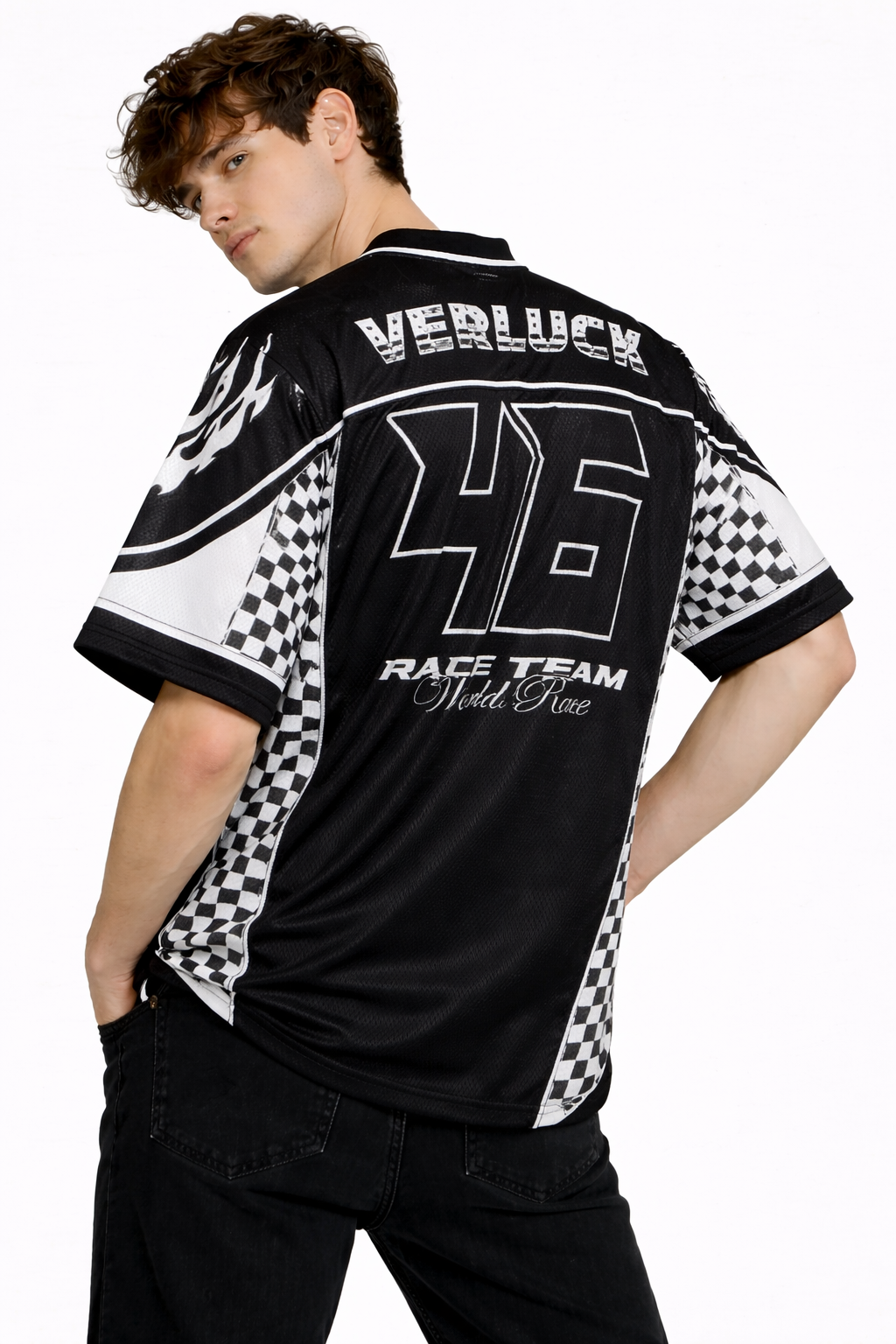 Verluck: Race Team 46 Grand Prix Kit Monochrome Flame Graphic Oversized T-shirt