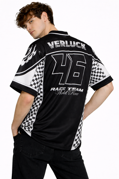 Verluck: Race Team 46 Grand Prix Kit Monochrome Flame Graphic Oversized T-shirt