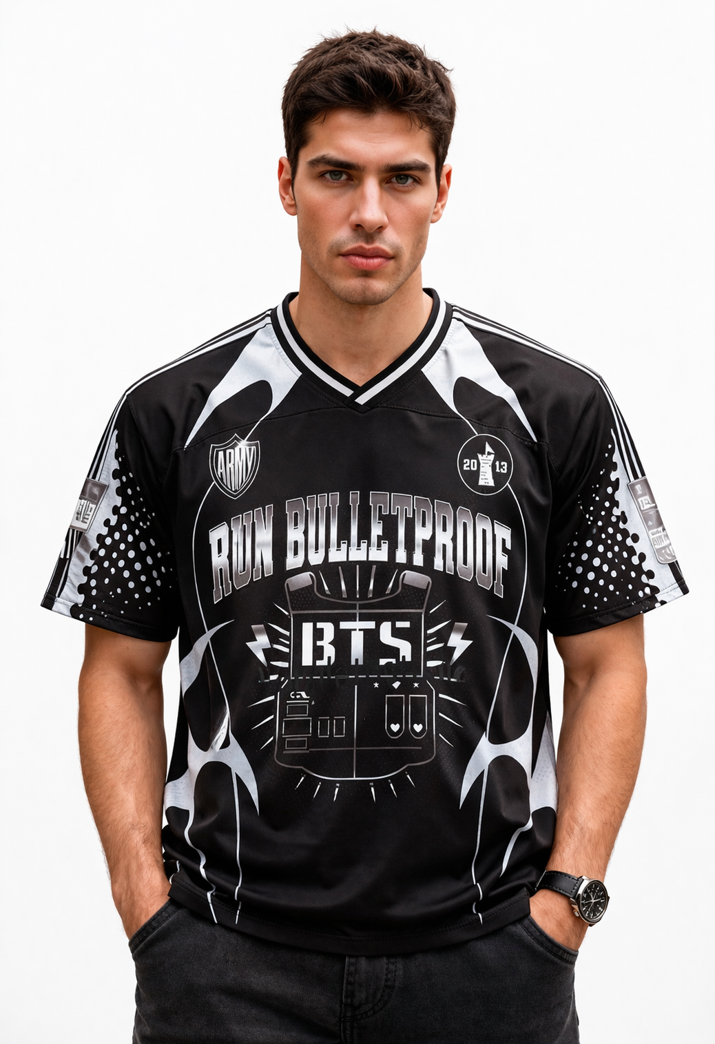 BTS: Run Bulletproof 2013 Tactical Kit Silver Halftone Typography Oversized Mesh Jersey