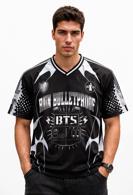 BTS: Run Bulletproof 2013 Tactical Kit Silver Halftone Typography Oversized Mesh Jersey
