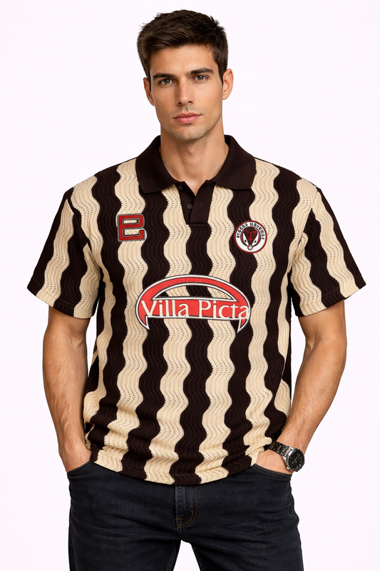 Pieces Uniques: Villa Picta Archive Espresso Wave-Knit Retro Polo Jersey