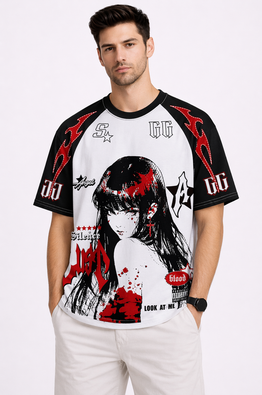 GG: Crimson Silence Anime-Graphic Blood-Splat Raglan Streetwear T-shirt
