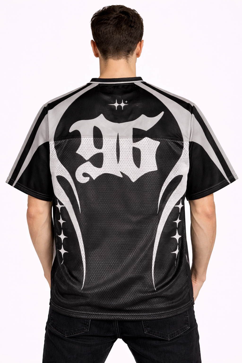 AIGenz: Cyber-Gothic 06 Tech-Sport Silver Spark Panelled Mesh Oversized Jersey