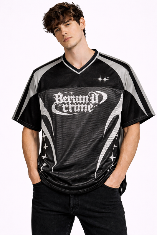 AIGenz: Cyber-Gothic 06 Tech-Sport Silver Spark Panelled Mesh Oversized Jersey