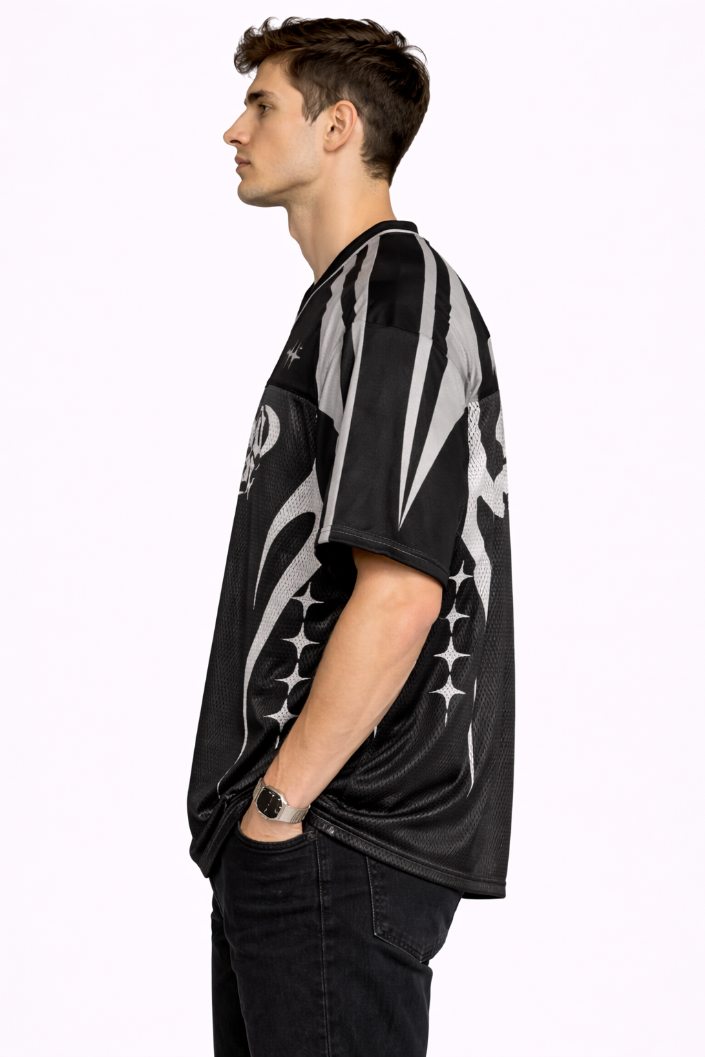 AIGenz: Cyber-Gothic 06 Tech-Sport Silver Spark Panelled Mesh Oversized Jersey