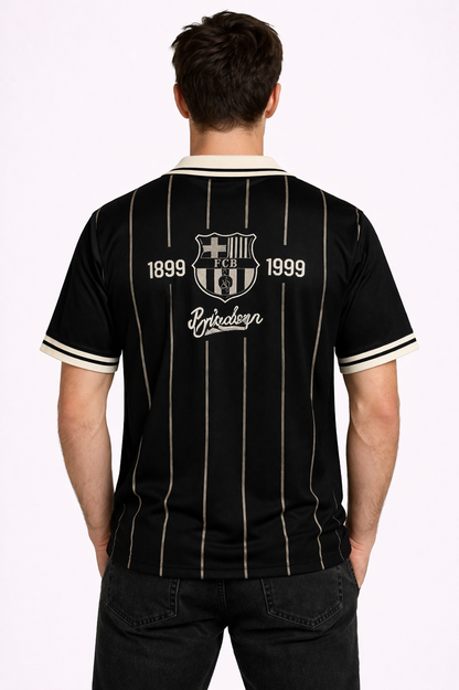 FCB: Archive 1899 Centenary Kit Obsidian Gold Pinstripe Typography Retro Polo Jersey