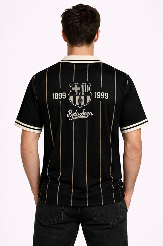 FCB: Archive 1899 Centenary Kit Obsidian Gold Pinstripe Typography Retro Polo Jersey