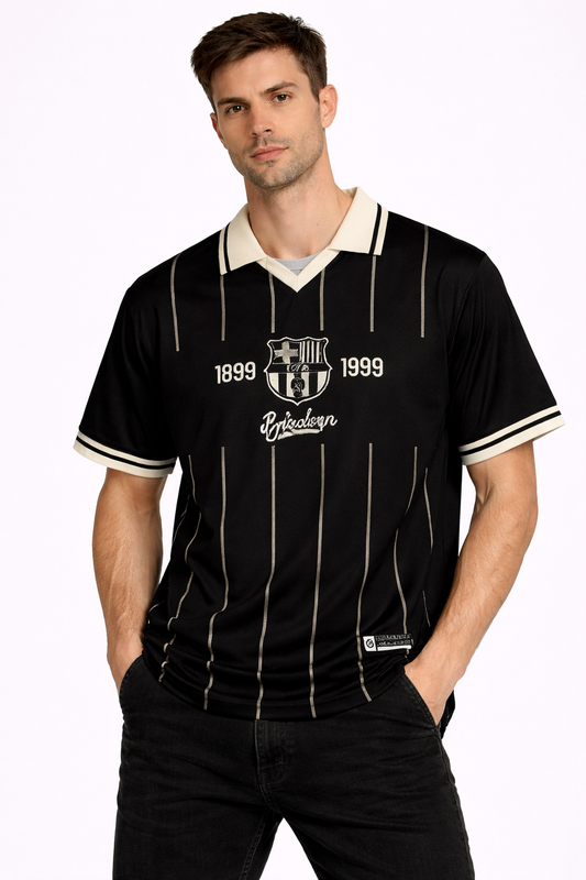 FCB: Archive 1899 Centenary Kit Obsidian Gold Pinstripe Typography Retro Polo Jersey