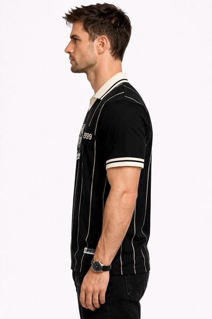 FCB: Archive 1899 Centenary Kit Obsidian Gold Pinstripe Typography Retro Polo Jersey