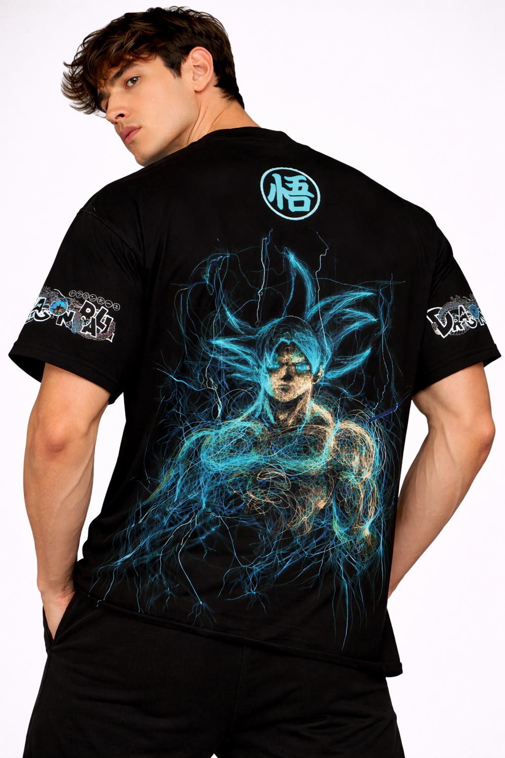Dragon Ball: Goku 59 Saiyan Instinct Kit Azure Electric Graphic Oversized T-shirt