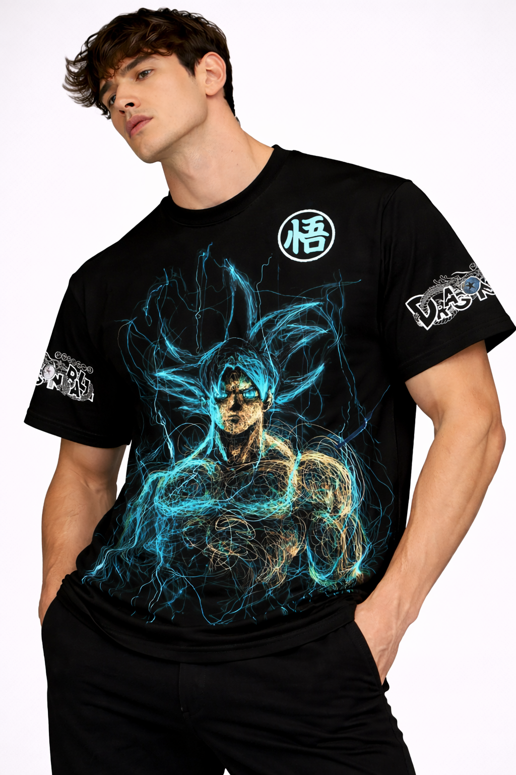 Dragon Ball: Goku 59 Saiyan Instinct Kit Azure Electric Graphic Oversized T-shirt