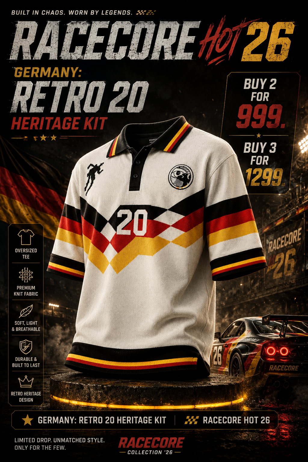 Germany: Retro 20 Heritage Kit Tricolor Chevron Knit Oversized Polo T-shirt