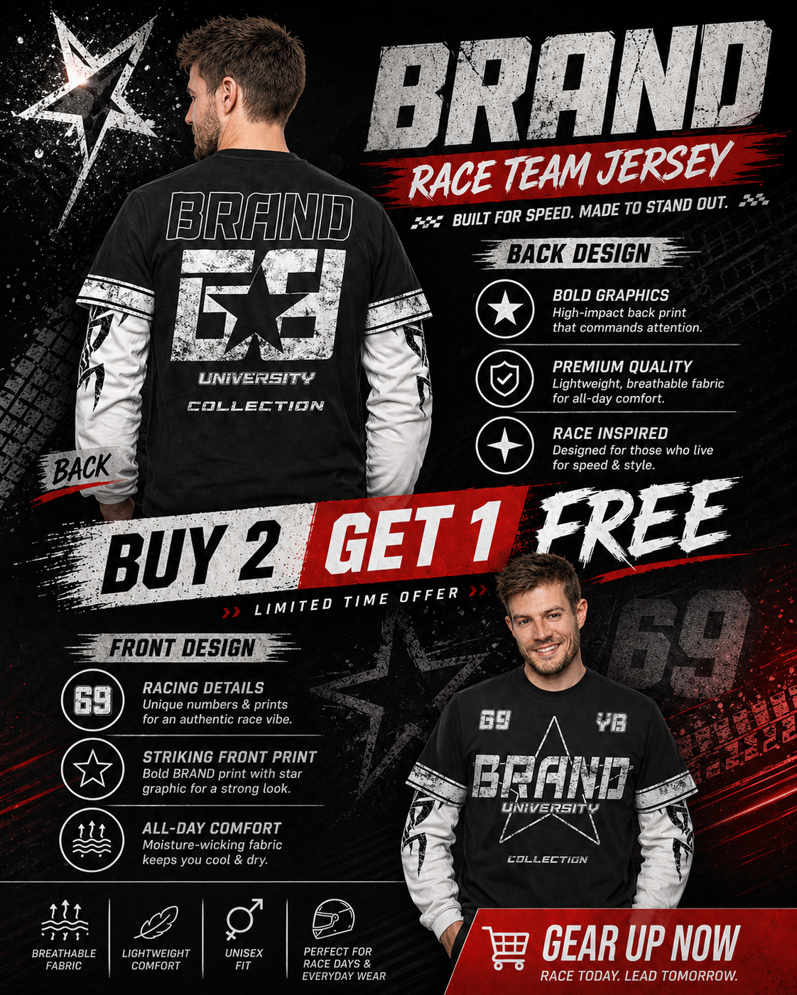 AIGenz: University 69 Varsity Star Distressed Layered 2-in-1 Boxy Long Sleeve T-shirt