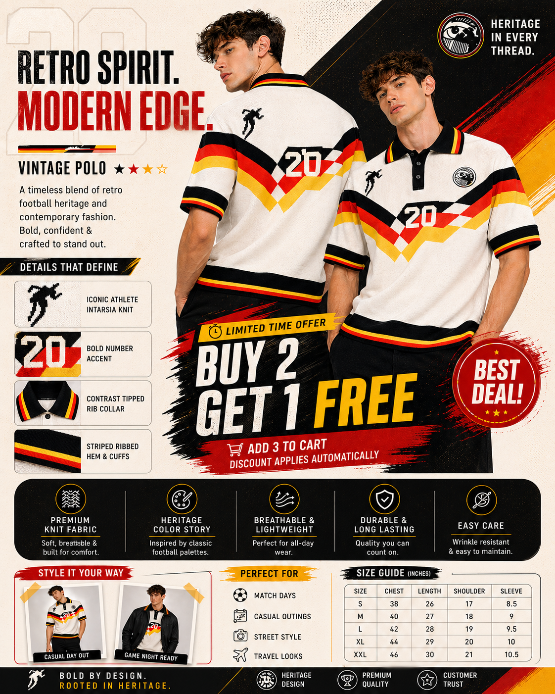 Germany: Retro 20 Heritage Kit Tricolor Chevron Knit Oversized Polo T-shirt