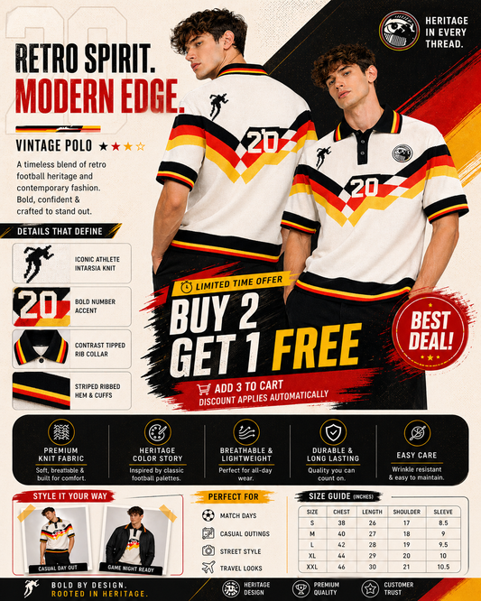 Germany: Retro 20 Heritage Kit Tricolor Chevron Knit Oversized Polo T-shirt