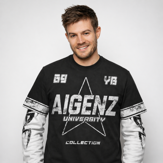 AIGenz: University 69 Varsity Star Distressed Layered 2-in-1 Boxy Long Sleeve T-shirt